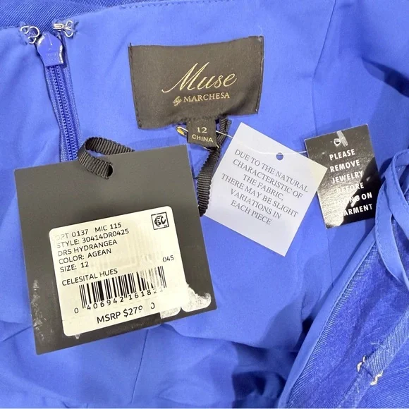 Muse by Marchesa SZ 12 Hydrangea A-Line Sleeveless Linen Blend Dress Agean Blue - Picture 16 of 16